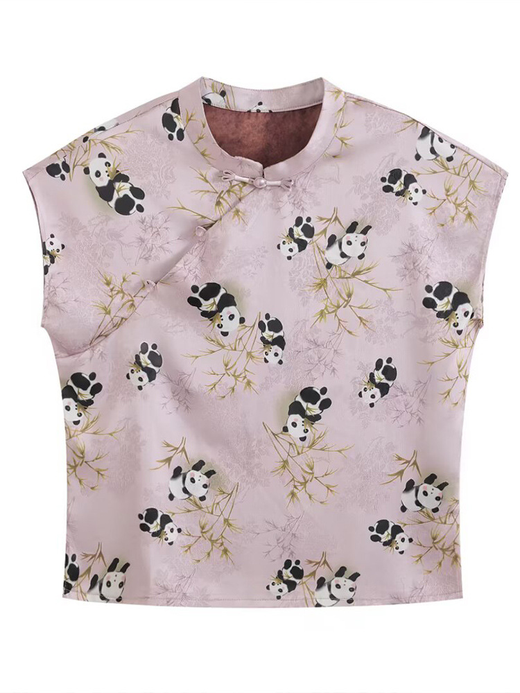 2025 Spring/Summer New Women's Fashionable Retro Style Panda Print Stand Collar Diagonal Placket Button Zen-Inspired Shirt