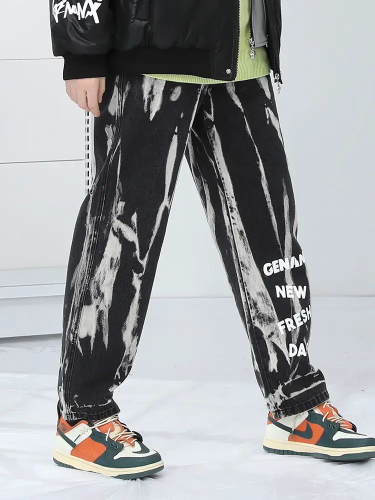 Genanx Lightning Trendy Retro Style Black Gray Tie Dye Print Trendy Loose Straight-leg Heattech Stretch Denim Men