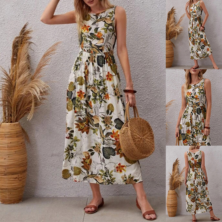 Amazon Cross-Border Women's Clothing 2024 Summer New European and American Holiday Style Skirt Women's Fashion Printed Sleeveless Dress