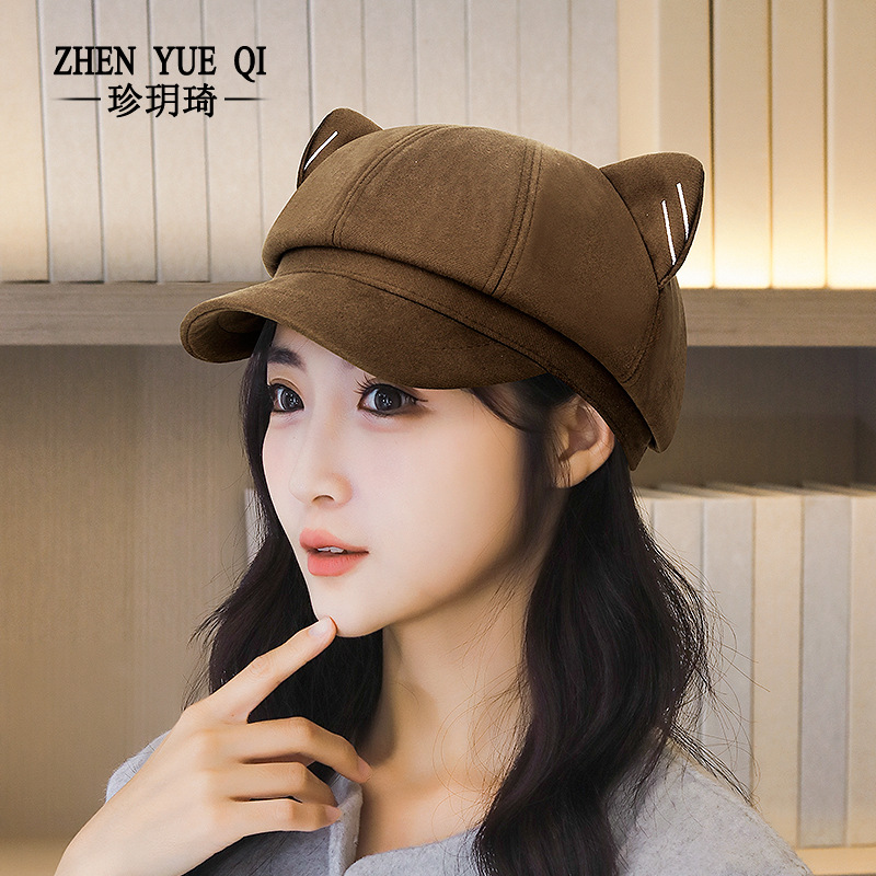 Autumn and Winter Cute Woolen Cat Ear Octagonal Hat for Girls, Makes the Face Look Smaller, Casual Versatile Stylish Artistic Curved Brim Beret