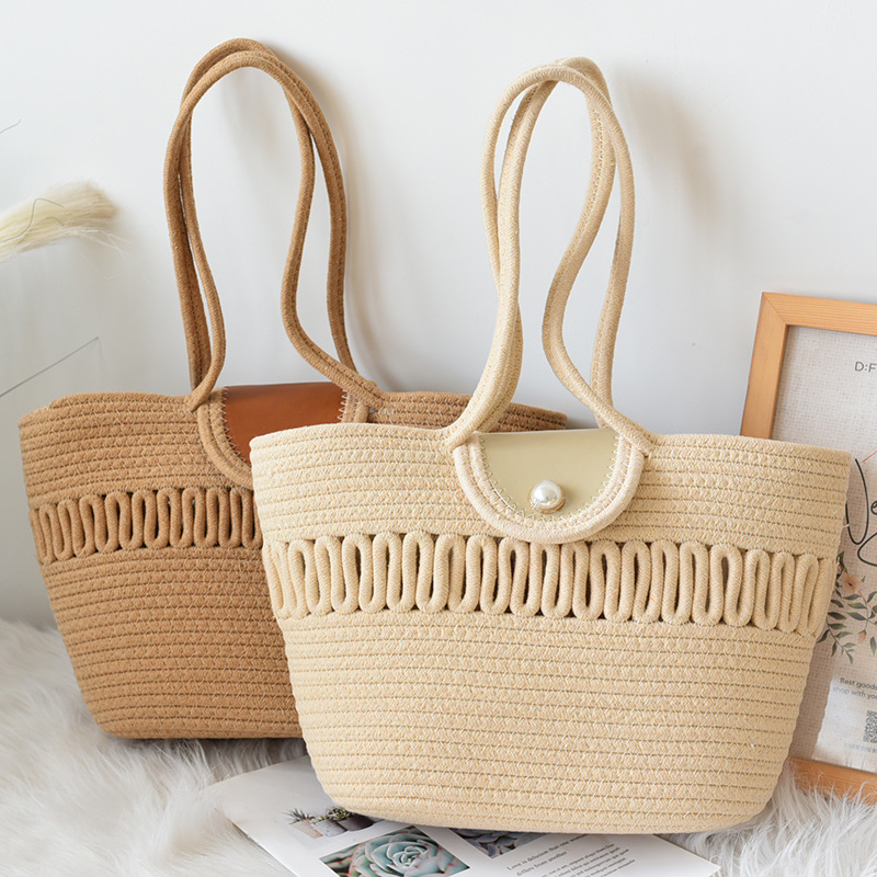 2026 Single-Shoulder Bag Hollow-Out Cotton Thread Woven Bag New Style Holiday Beach Women's Handbag Tote Bag Large Bag