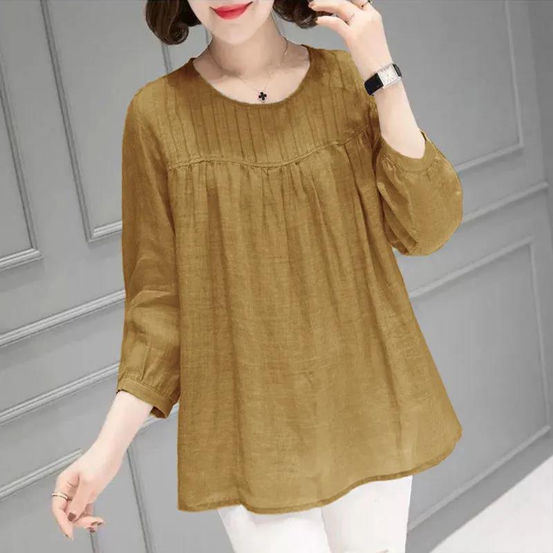 Solid Color Cotton and Linen Round Neck Nine-Quarter Sleeve Shirt for Women, New Autumn and Summer Style, Large Size Loose Fit, Slimming and Tummy-Covering Top