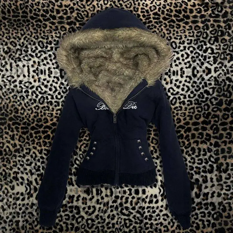 Y2K Harajuku Aesthetic Women's Fur Collar Hoodie Sexy Slim C