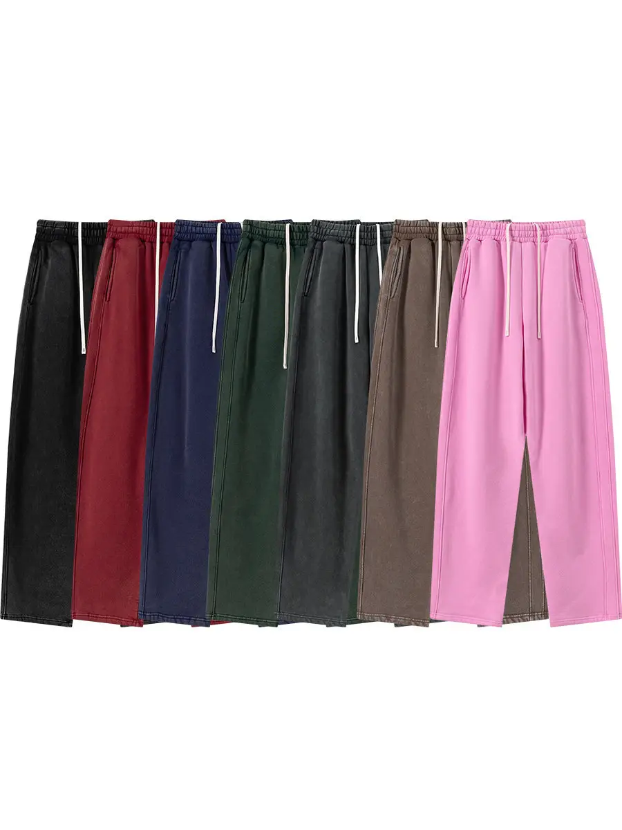 ins European and American High Street Washed Curved Hem Sweatpants with Fleece, Heavy Drape, Sporty Hip-Hop Casual Distressed Long Pants