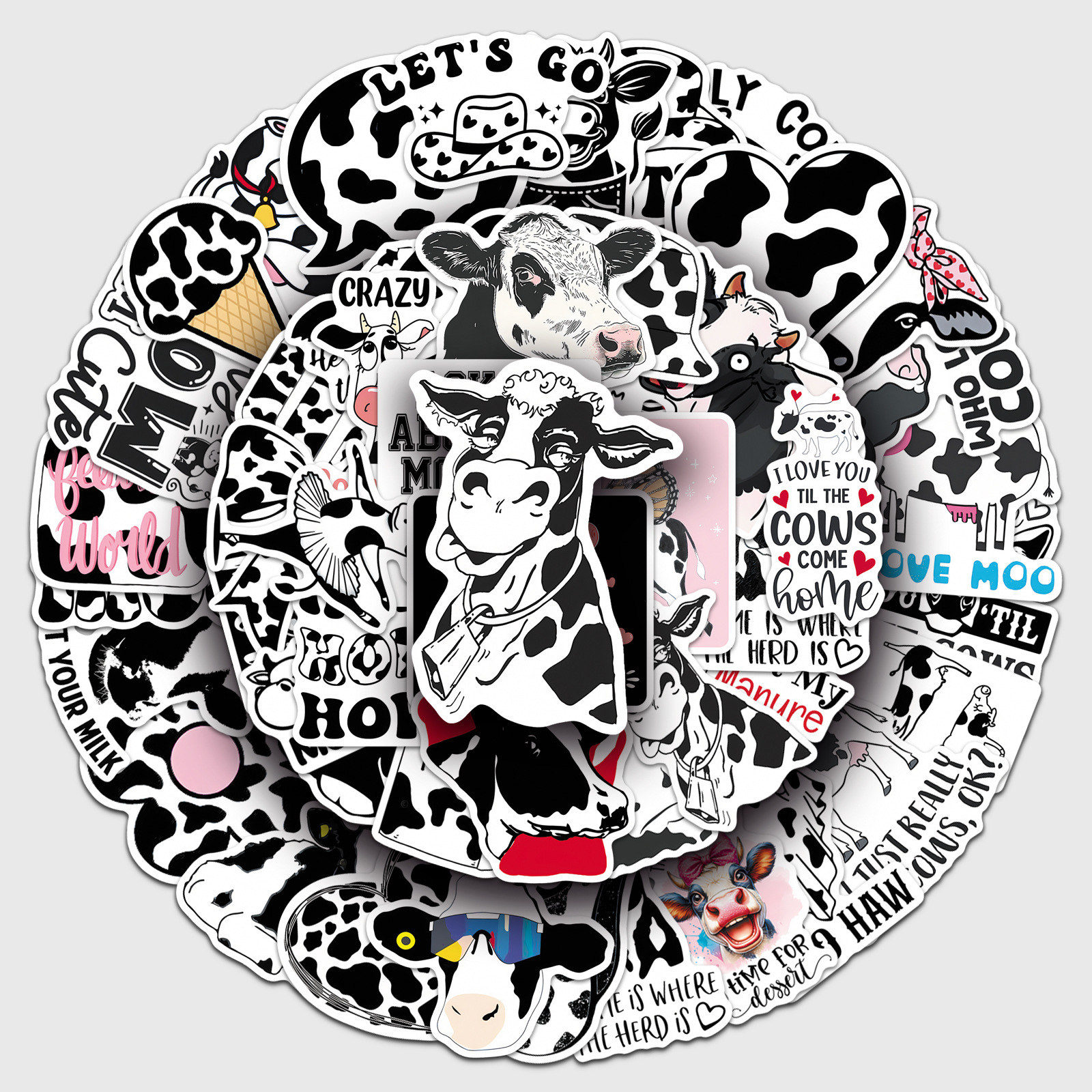 50 Pieces of Fun Cow Stickers, Black and White Cow Pattern Graffiti, Creative Waterproof Decoration for Phone Cases, Computer Water Bottles, and More