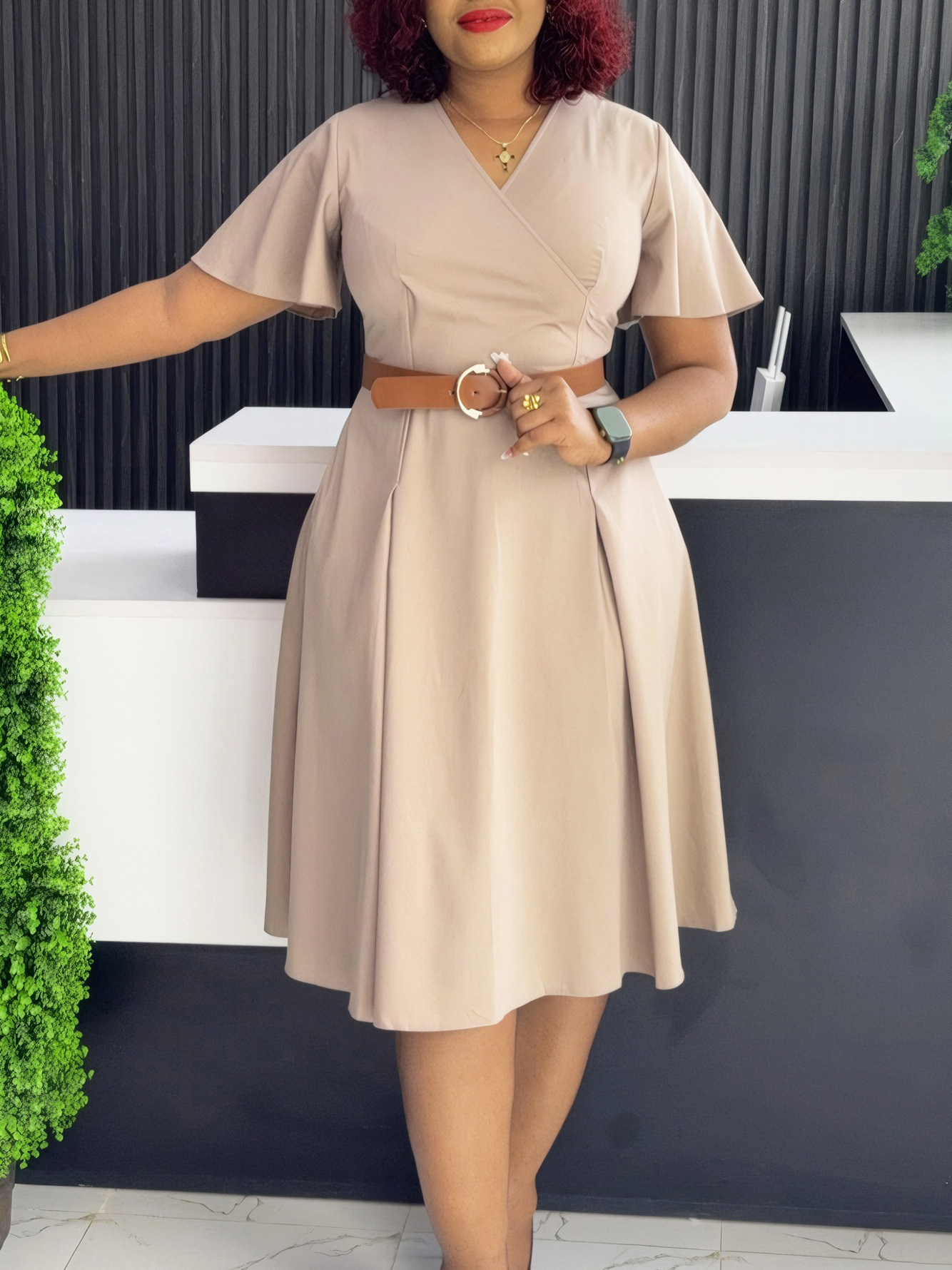 D3333 Cross-border Amazon European and American Women's Summer New V-neck Trumpet Sleeve Casual A- line Skirt African dress