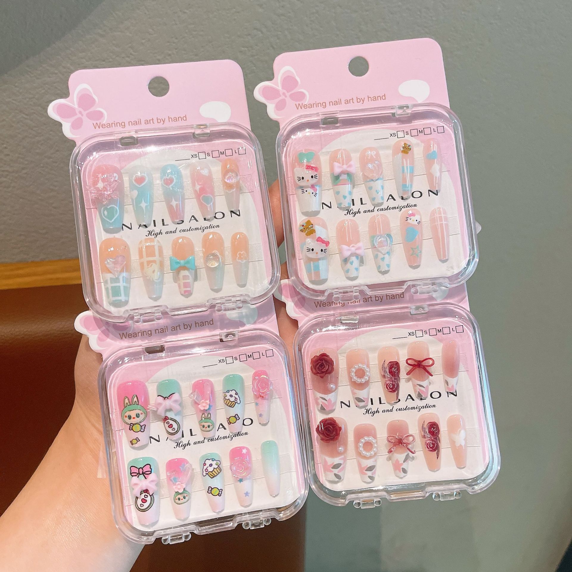 New Cartoon Children's Wearable Nails, Long Style, Cute Heart-Shaped Bow, Detachable, Sweet Girly Nail Art Stickers