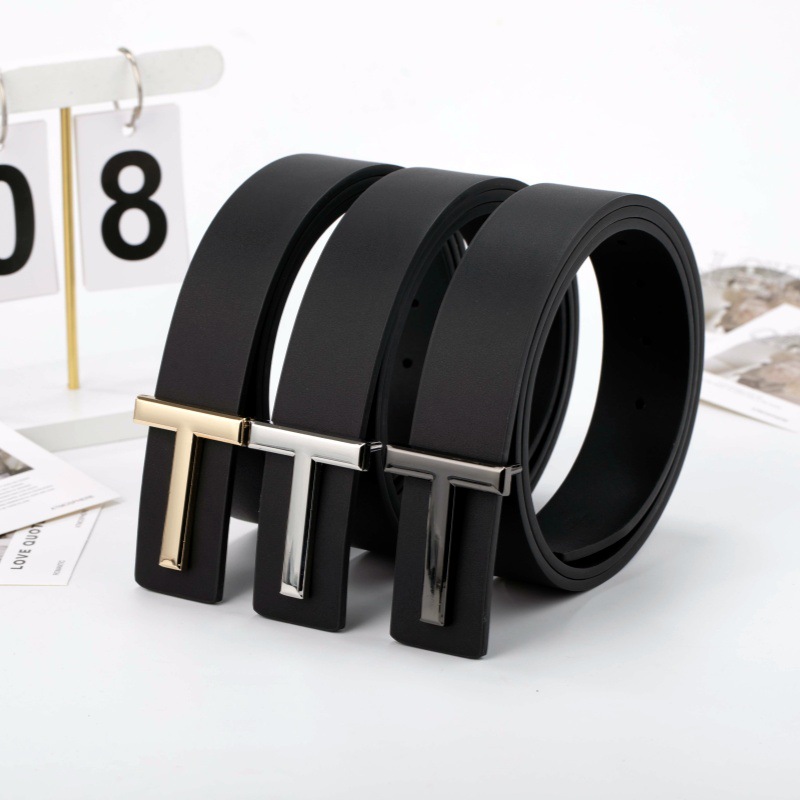 New T-Letter Buckle Genuine Leather Belt Men's Plain Top Layer Cowhide Casual Versatile Trendy Business Men's Belt