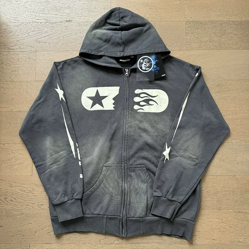 Cross border foreign trade, European and American trendy brand HELLSTAR high street retro washed water used hooded sweatshirt flame printed hat
