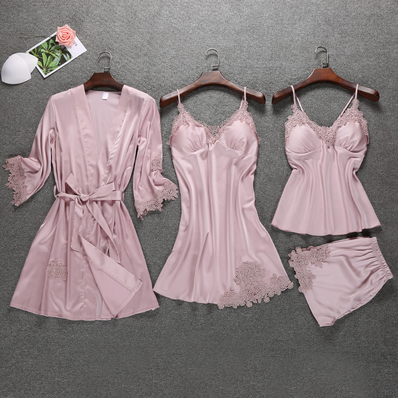Factory wholesale imitation silk V-neck summer sling pajamas lace vest shorts pajamas four-piece set with chest pad
