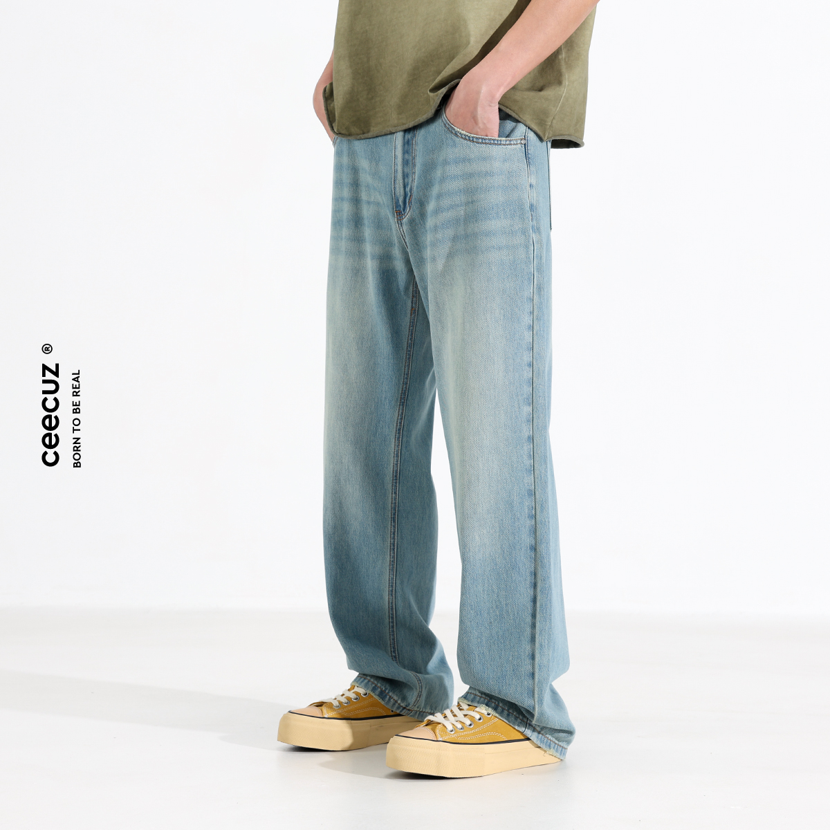 Ceecuz Summer Thin Lyocell Ice Silk Light Blue Jeans Men's Loose Wide-Leg Straight Casual Pants