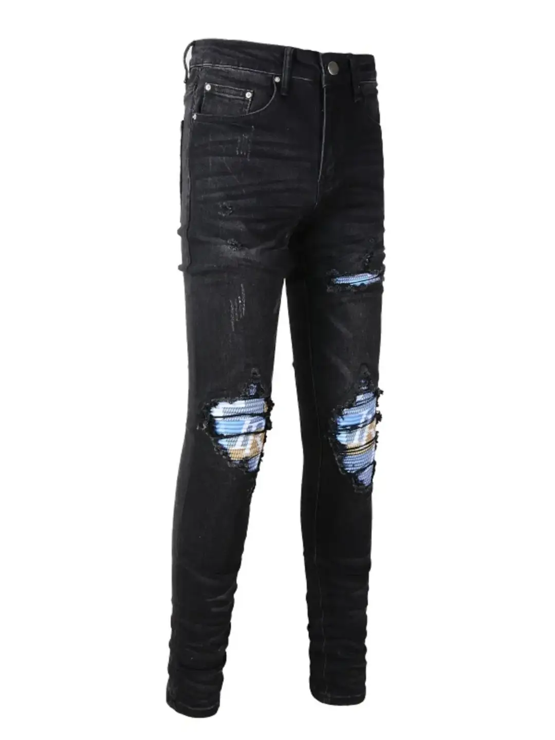 New High Street Fashion Brand Graffiti Print Patchwork Ripped Stretch Slim Fit Distressed Washed Black Jeans for Men