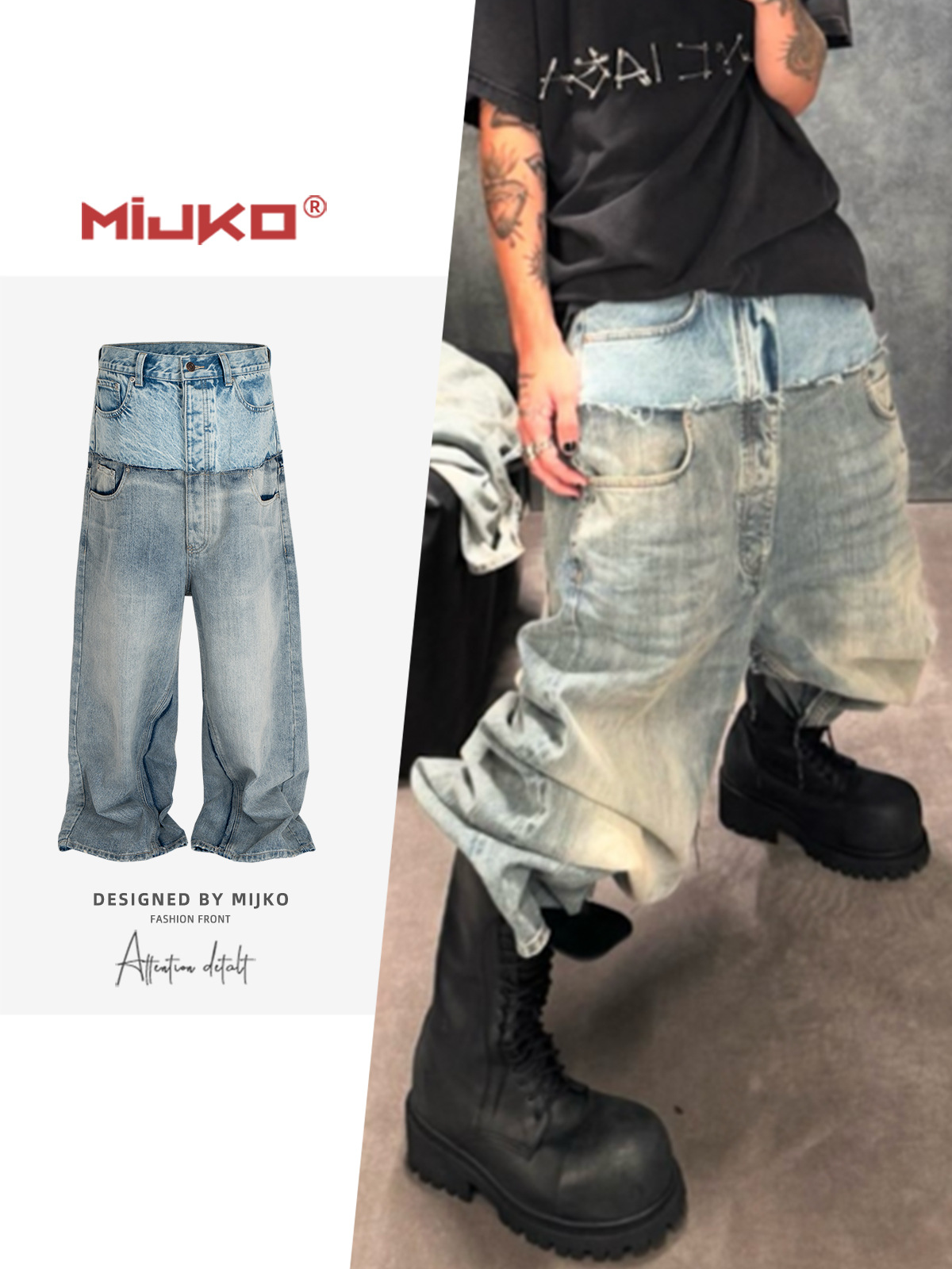 MIJKO Men's Women's Cat Must Destroy Pants Men's and Women's CUT-UP Double Waist Stitching Baggy Jeans