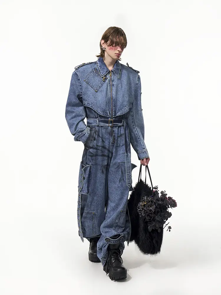 [Celebrity Same Style] Niche Design Dirty Dyed Denim Jumpsuit Men's Spring Washed Blue Zipper Denim