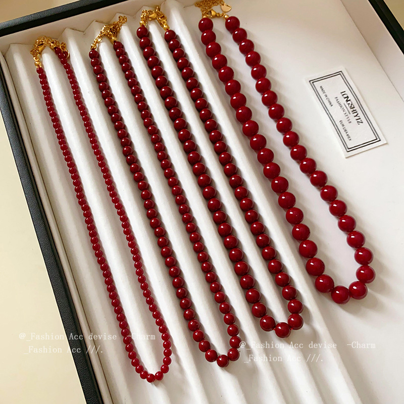 Stainless Steel Anchor Red Round Glass Bead Necklace Hong Kong Style Retro Beaded Clavicle Chain High-End Commuter Jewelry