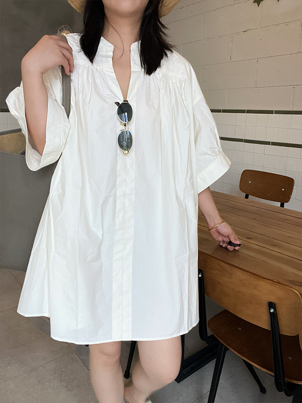 Dress for Women, Summer High-End Loose-Fitting Pleated Blouse Dress, Cream Color Women's Simple Long Skirt