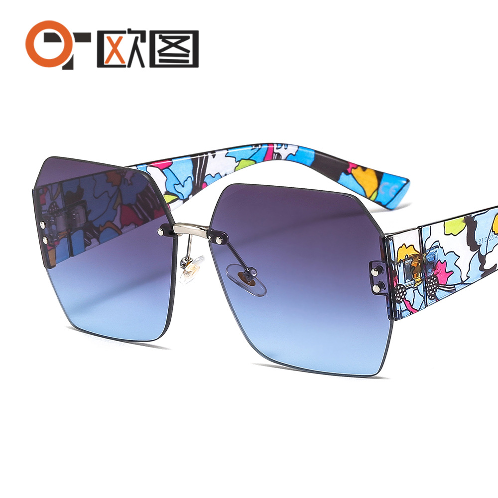 Frameless new women's elegant sunglasses color printing I sunscreen European and American sunglasses cross-border wholesale 75006