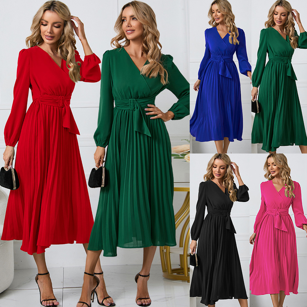 2024 European and American Slimming Look Women's New Long-Sleeved Slim Pleated Belt V Neck Dress Cross-Border Amazon A-Line Skirt