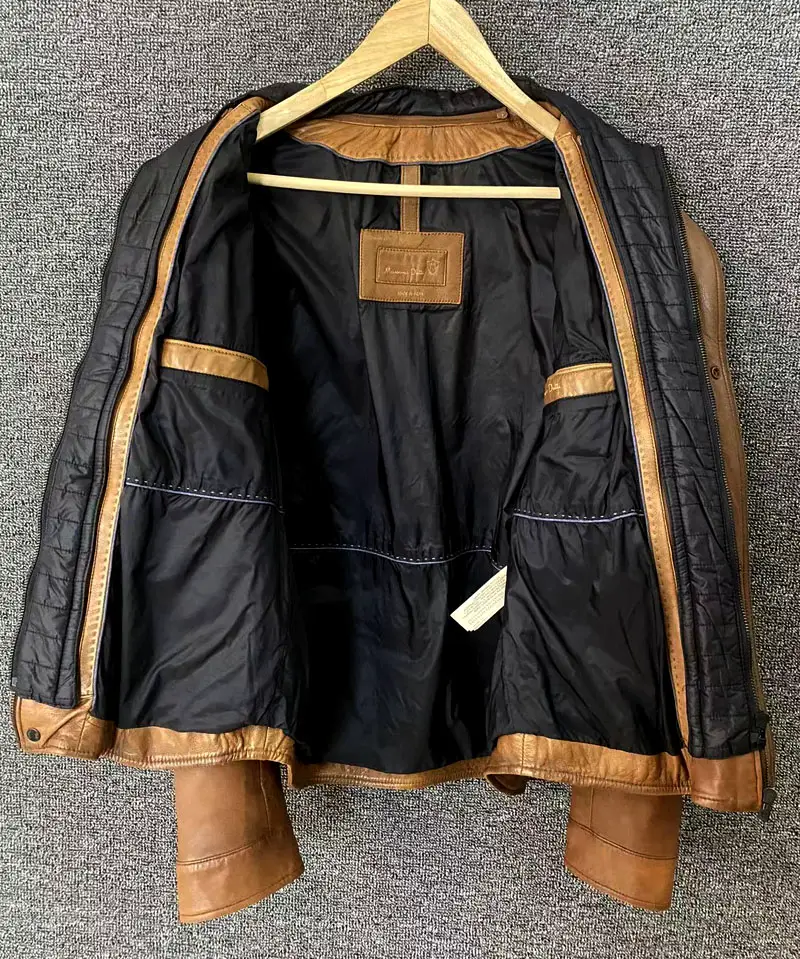 MD Brown Retro Rub Colored Distressed Removable Hat Authentic Leather Sheepskin Jacket Outwear 002