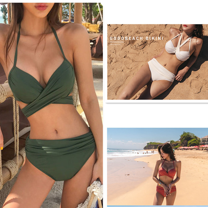 Multi-color manufacturers wholesale Korean swimsuit solid color sexy bikini high waist cross split swimsuit women