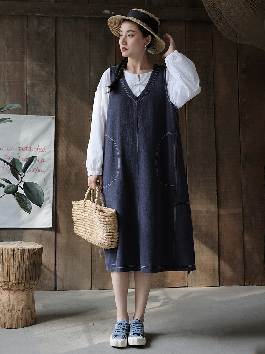 Cotton Linen Women's Clothing Spring New Retro Strap dress Women's V-Neck Design Sense Stacked A- Shaped Japanese Style Wear