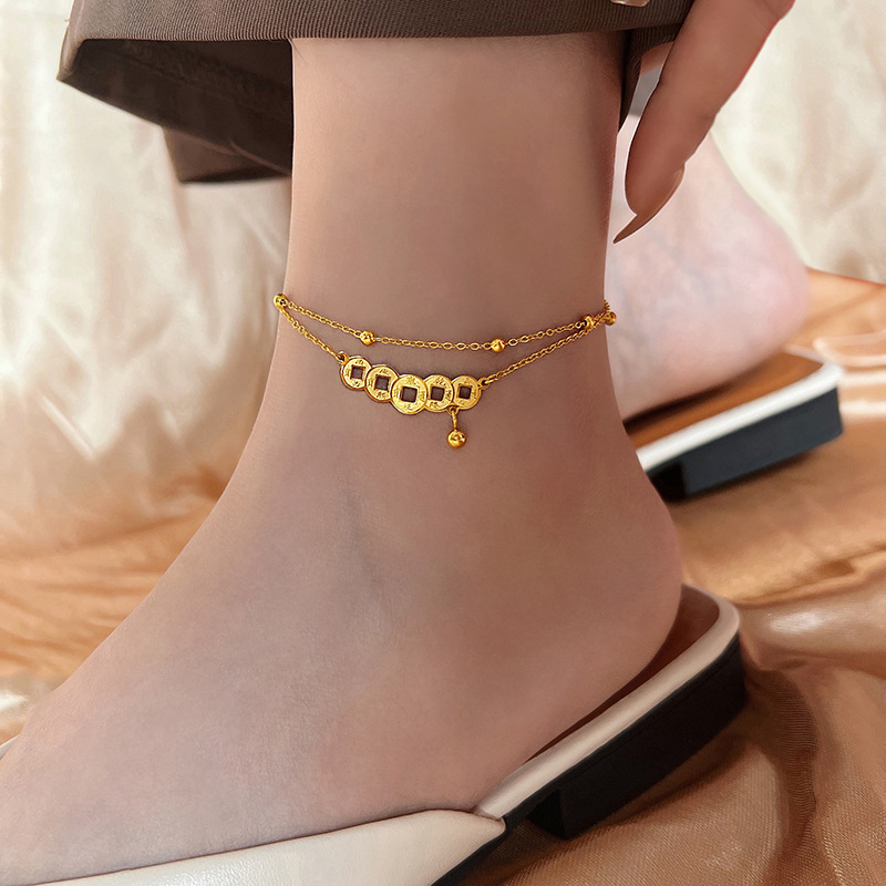 Vintage Copper 2022 New Foot Chain Women's Foot Chain Titanium Steel Not Fading Niche Design Bell Foot Bare Chain Sexy