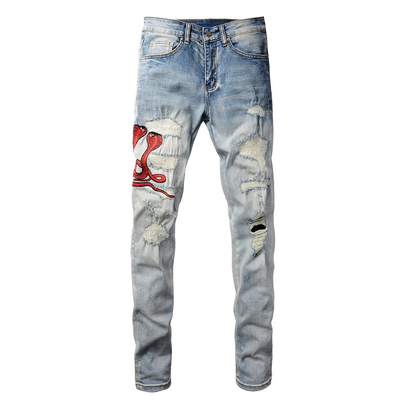 American Street Fashion Men's Embroidered Patch Small Feet Blue Trendyy Men's One-Piece Drop Shipping Jeans Men's Pants 1346