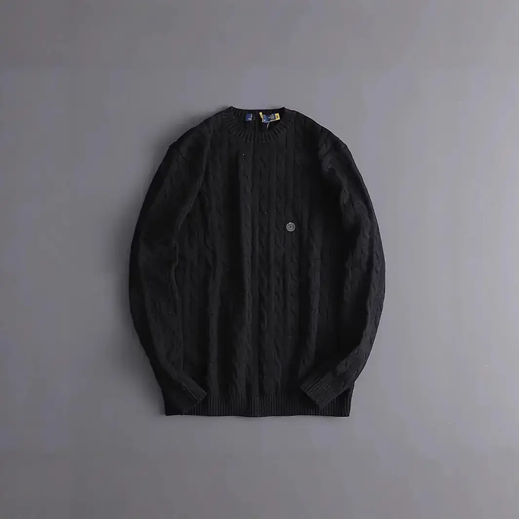 Men's Winter Button-Up Embroidered Cable Knit Crew Neck Sweater Trendy Long-Sleeve Warm Couple Thick Knitwear