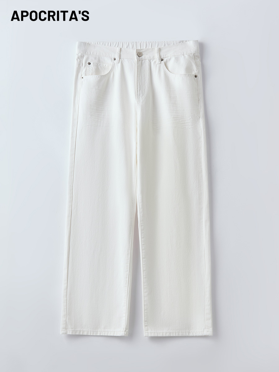 Apo Men's Clothing | Cross-Border Pure Cotton Jeans for Men, Spring Season Versatile Loose Straight Cleanfit White Pleated Long Pants.