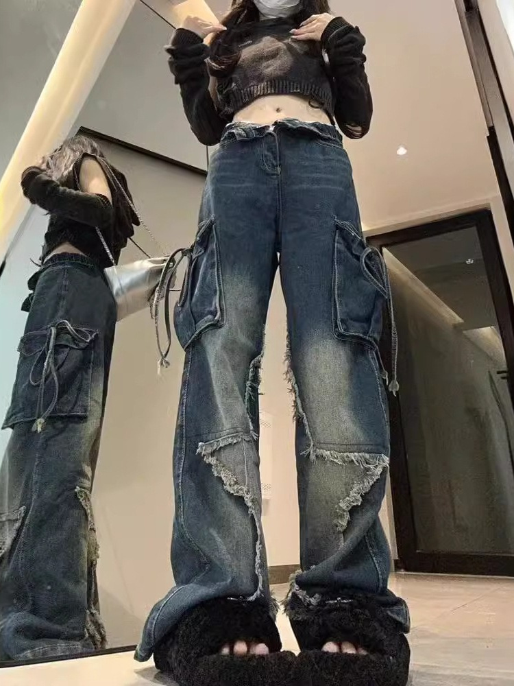 Cross-border Spring and Autumn American Retro Star Jeans Women's Multi-pocket Strap High Street Loose Straight Tooling Jeans