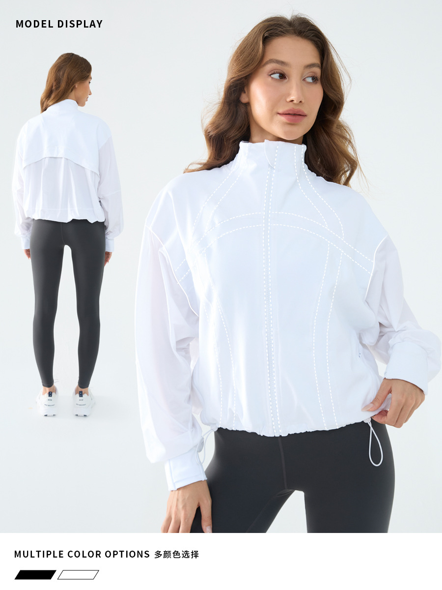 Autumn Thin Stand Collar Jacket Women's Hem Drawstring Batwing Sleeve Loose All-Match Outdoor Sports Windbreaker Yoga Jacket