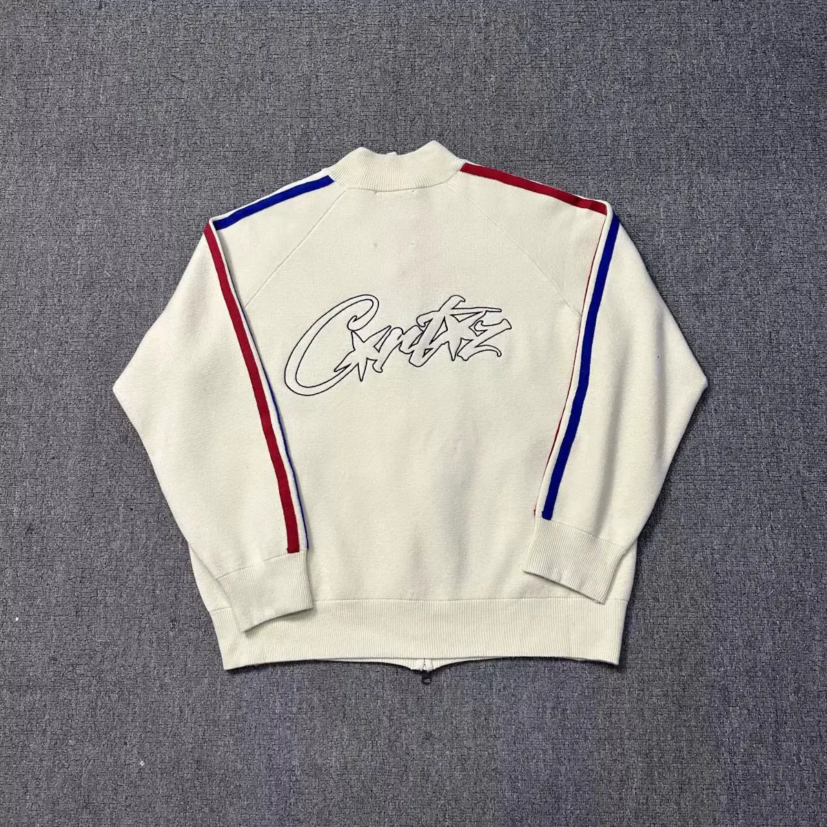 Corteiz Street Hip-Hop Embroidered Letter Stand Collar Zipper Red and Blue Trim Cardigan Knit Sweater Jacket