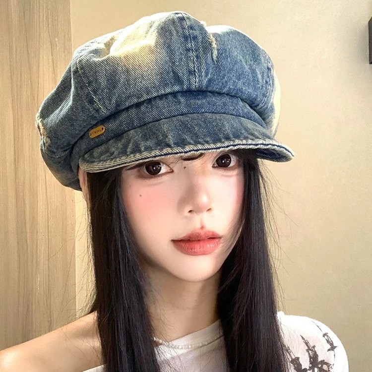 Washed Denim Vintage Beret for Women, Japanese Retro Style, Large Head Circumference, Artist Hat, Face-Slimming, Versatile Octagonal Hat, Trendy