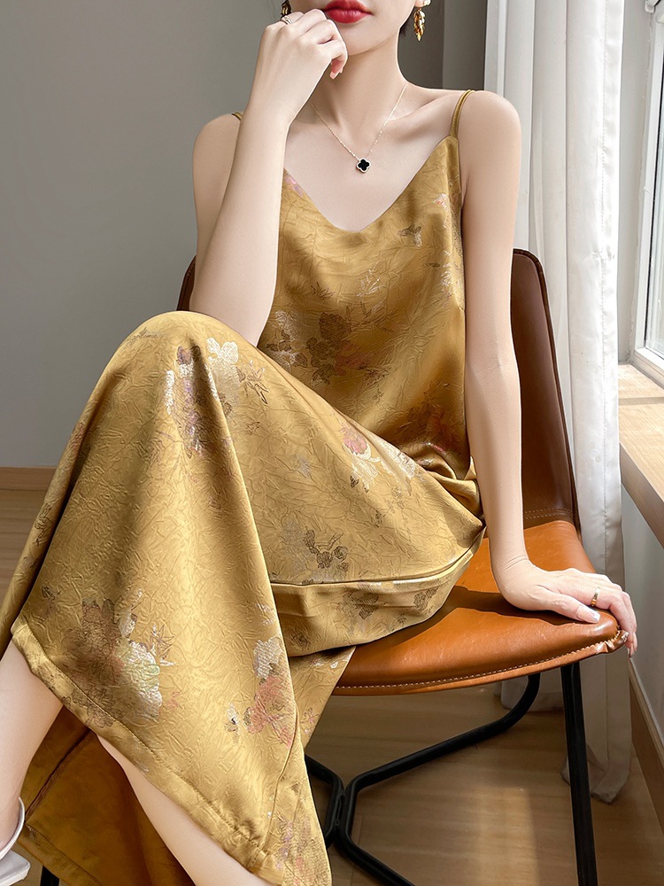 Adjustable Shoulder Strap dress 2024 Summer Women's Jacquard Satin Dape plus size New Chinese Acetic Acid Slip Dress