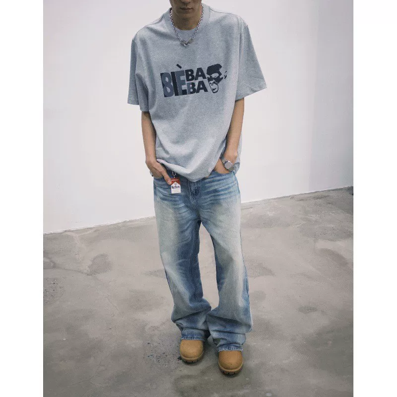 American-Style Heavyweight Blue Denim Vintage Washed and Distressed A-Line Loose Straight-Leg Jeans Cleanfit Men's