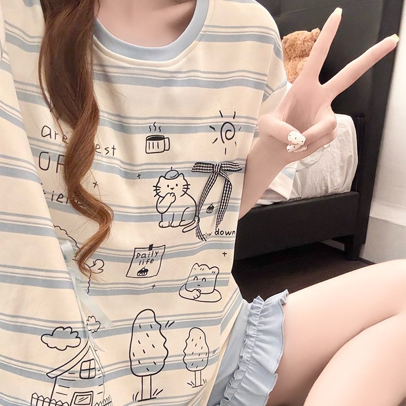 Women's Summer New Style Pajamas, Combed Cotton Short-Sleeved Shorts, Cute Cartoon Home Clothes, Thin Large Size Set That Can Be Worn Outside