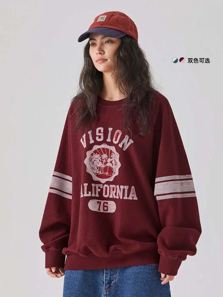 Vision Official American retro Reversible Raglan Sleeves and Round Neck pullover Sweatshirt Same Style for Men and Women Spring New arrival