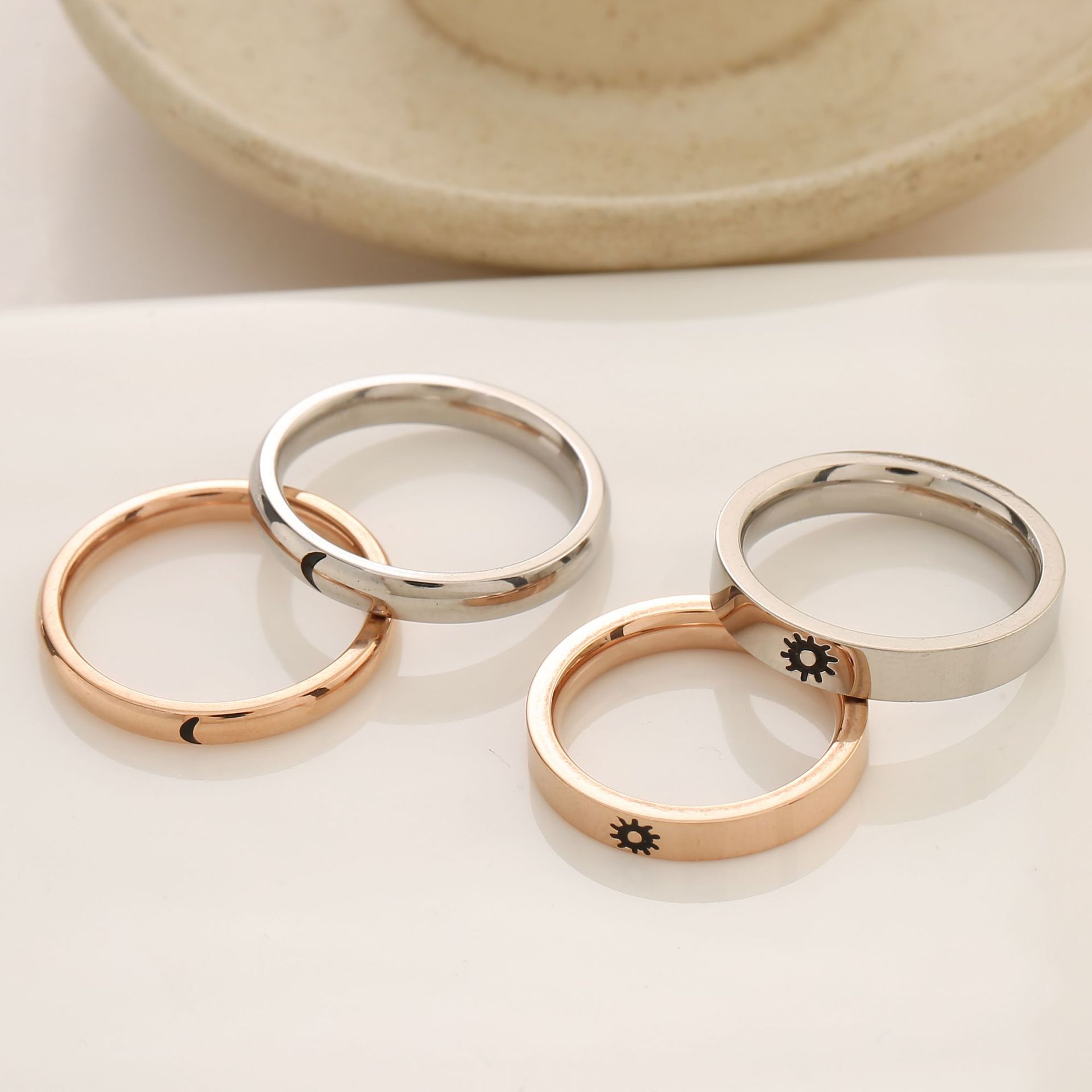 Simple Mori Style Japanese and Korean Style Small Fresh Style Women's Titanium Steel Sun Moon Couple Pair Ring Men's and Women's Pair Ring Index Finger Tail Ring Ring