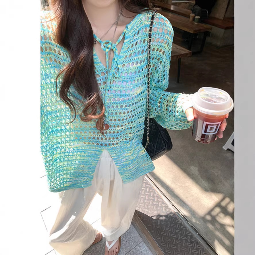 Summer New Thin Lace-Up Pullover Air-Conditioning Shirt Long-Sleeve Top Korean Style Hollow-Out Sun-Protective Knit Cover-Up for Women