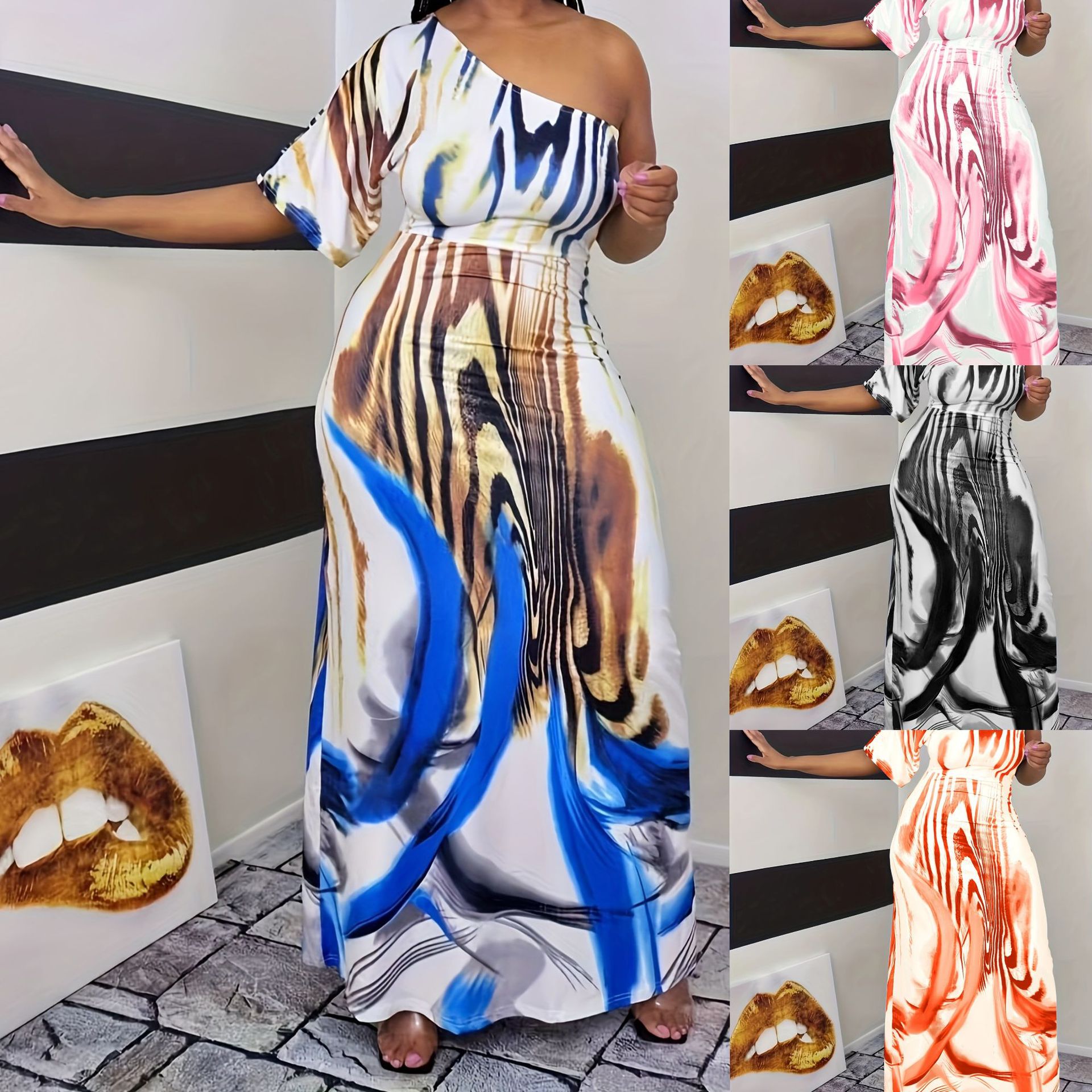 Cross-border European and American new women's clothing independent station fashion casual milky white printed single sleeve off-shoulder one-piece dress long skirt