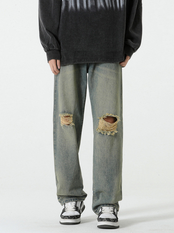 Mingge | 2025 Summer New Ripped Retro Jeans Men's High Street Fashion Trend Loose Straight Long Pants