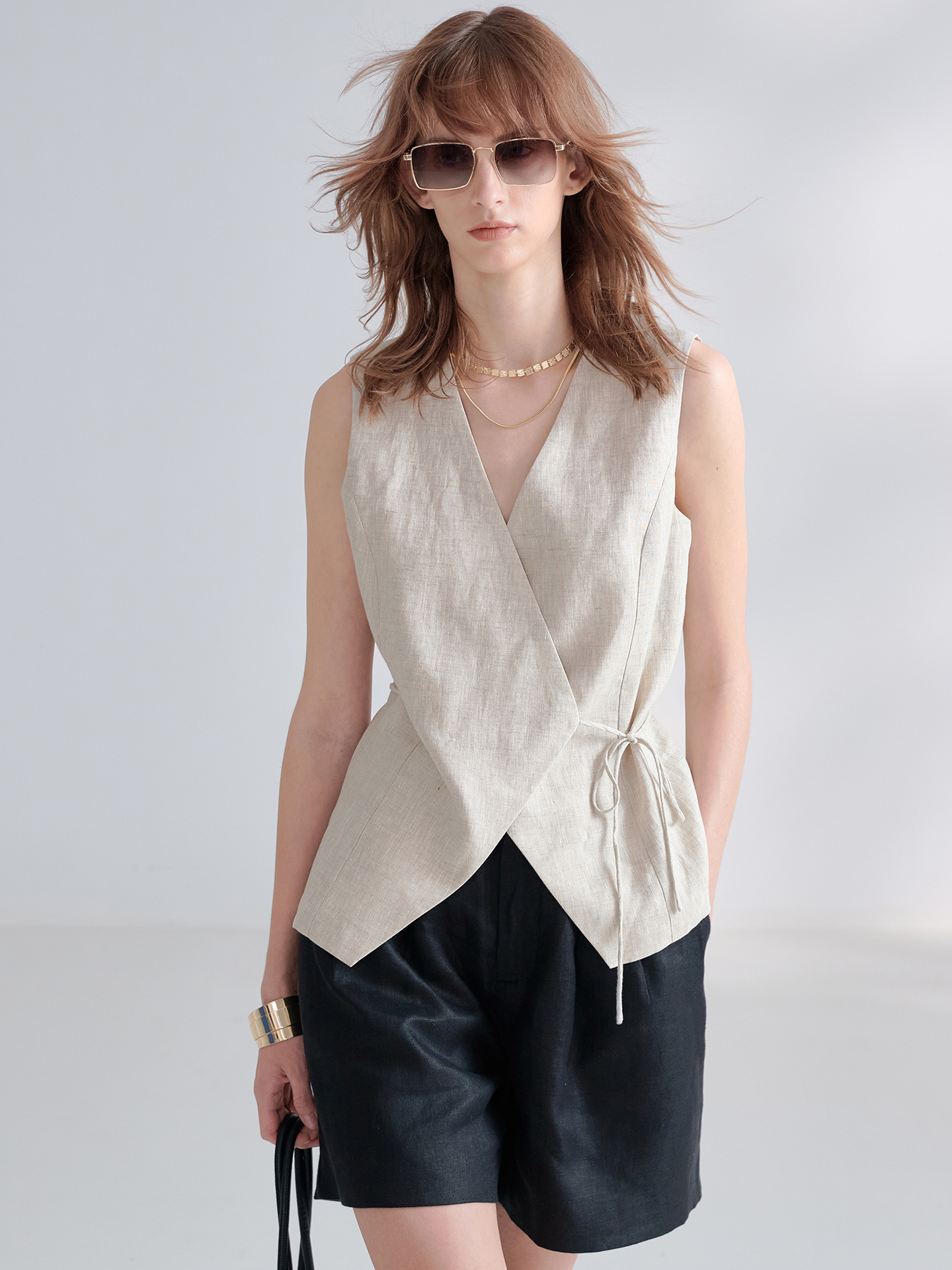 100% Linen V-Neck Vest, Old Money Style, Short Lace-Up Vest, Summer French Simple Commuter Waist-Cinching Linen Vest