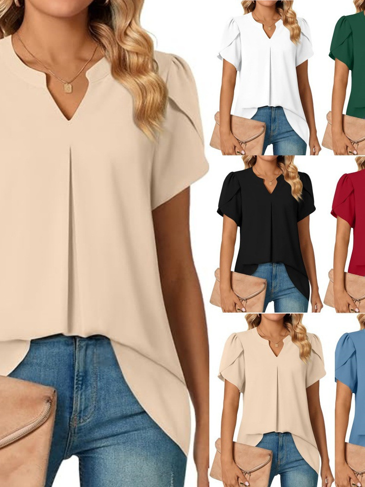 Cross-border Women's Top 2025 Summer Amazon Explosions Simple Fashion Loose V-neck Petal Sleeve Short-sleeved Shirt