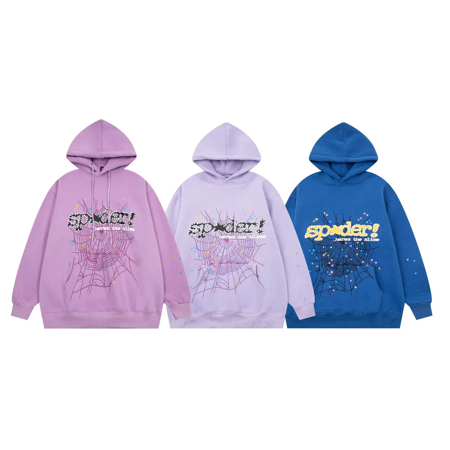 European and American Cross-border Fashion Brand sp5der 555 Spider Web Foam Printing Loose Hooded Casual fleece-lined Sweats for Men and Women