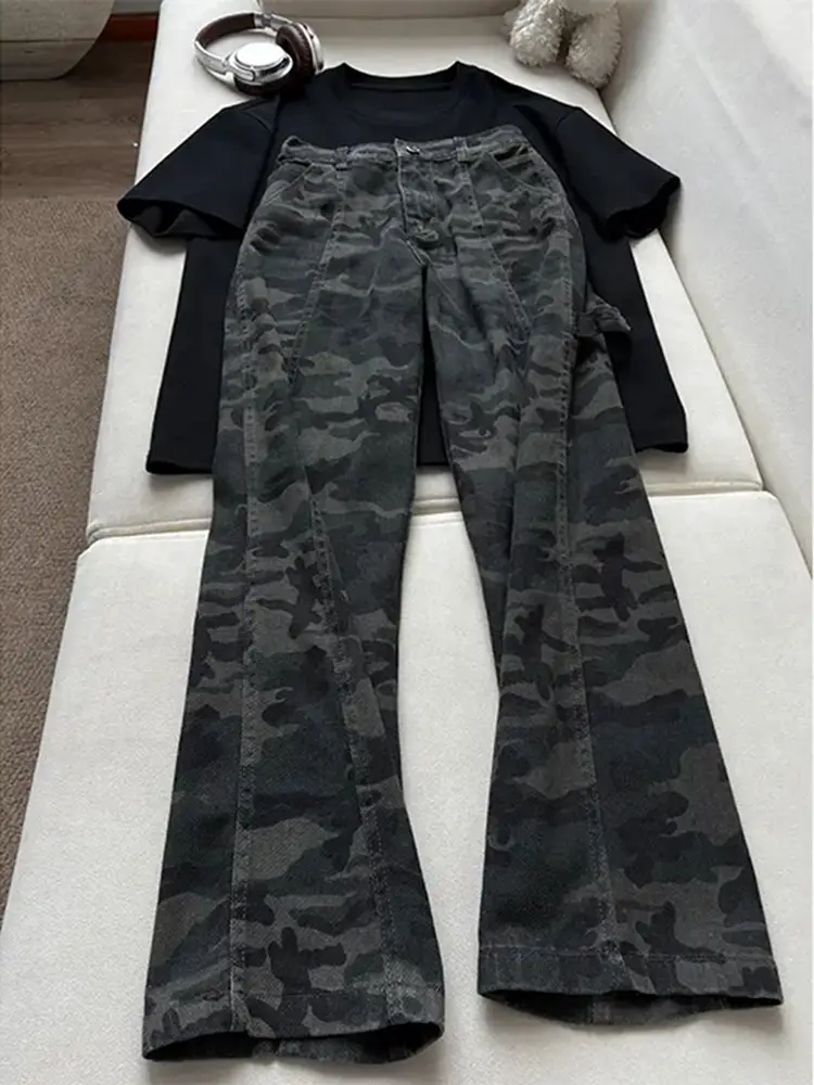American High Street Retro Camouflage Pants for Men, Summer Thin Lumberjack Jeans, Crotch-Lifting, Leg-Lengthening, Straight-Leg, Slightly Flared Pants