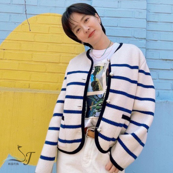 [Le Ding Clothing] New Color-matching Striped Wool Heavy Cardigan Knitted Jacket Women's Sweater New Top