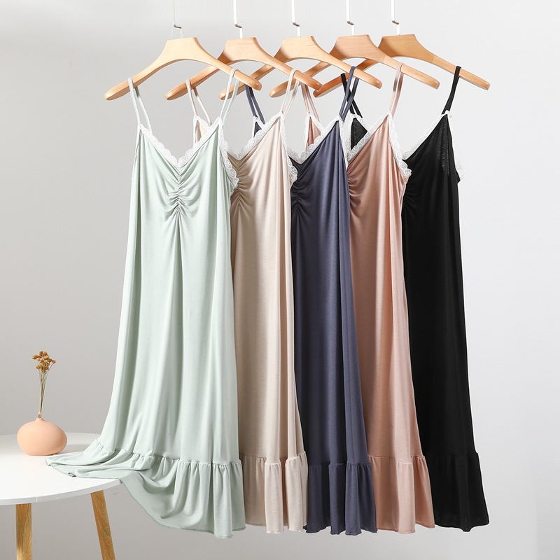 Summer New Modal Lace Sling Nightgown Women's Sexy Outer Wearing Long dress Solid Color Home Clothes