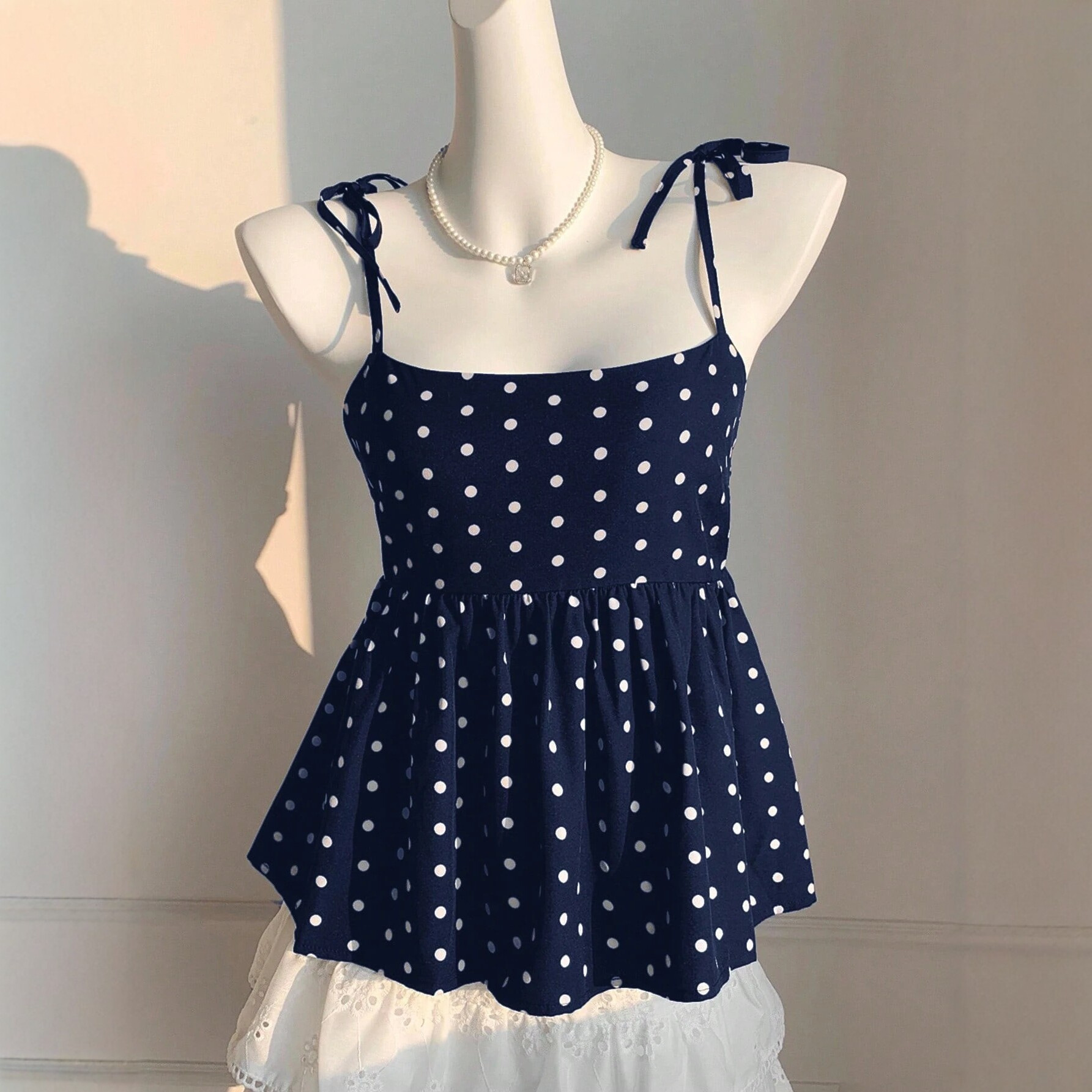 Cross-Border American-Style Polka Dot Tie-Up Camisole, Backless, Waist-Cinching, Slimming Short Top, Sexy Versatile Camisole for Women