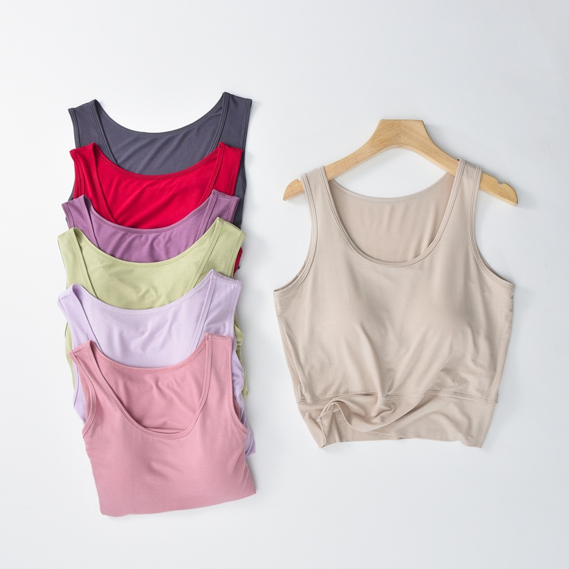 Four Seasons New Modal Chest Pad Vest Women's Crewneck Stretch Short Navel Shirt Vest with Small Sling