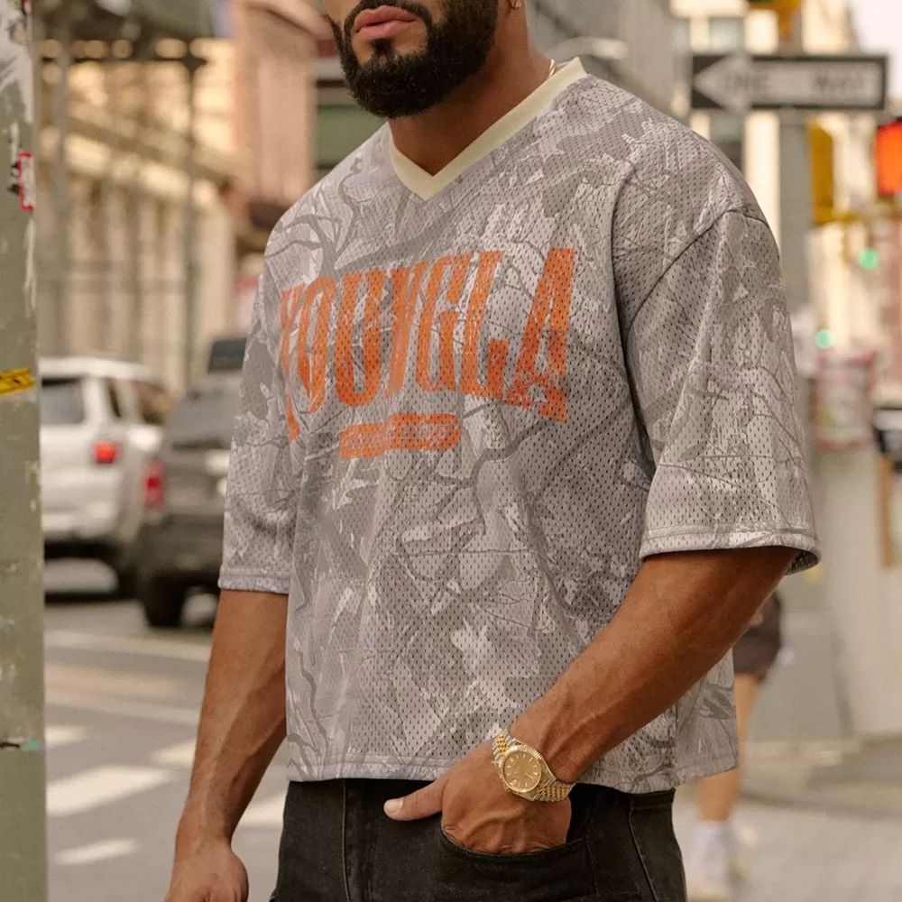 YOUNG LA Camouflage Mesh Quick Drying V-neck T-shirt Loose Large Size Letter Printed Short Sleeve Running Basketball Top Summer